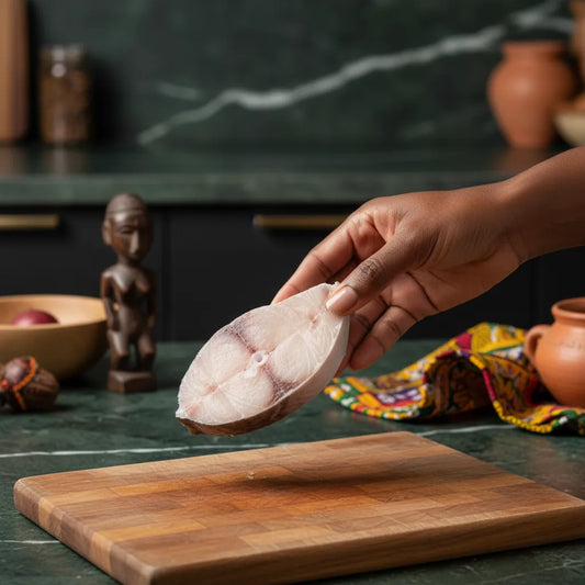 Main tenant une darne de dorade coryphène surgelée dans une cuisine, parfaite pour préparer un plat de poisson savoureux et sain.