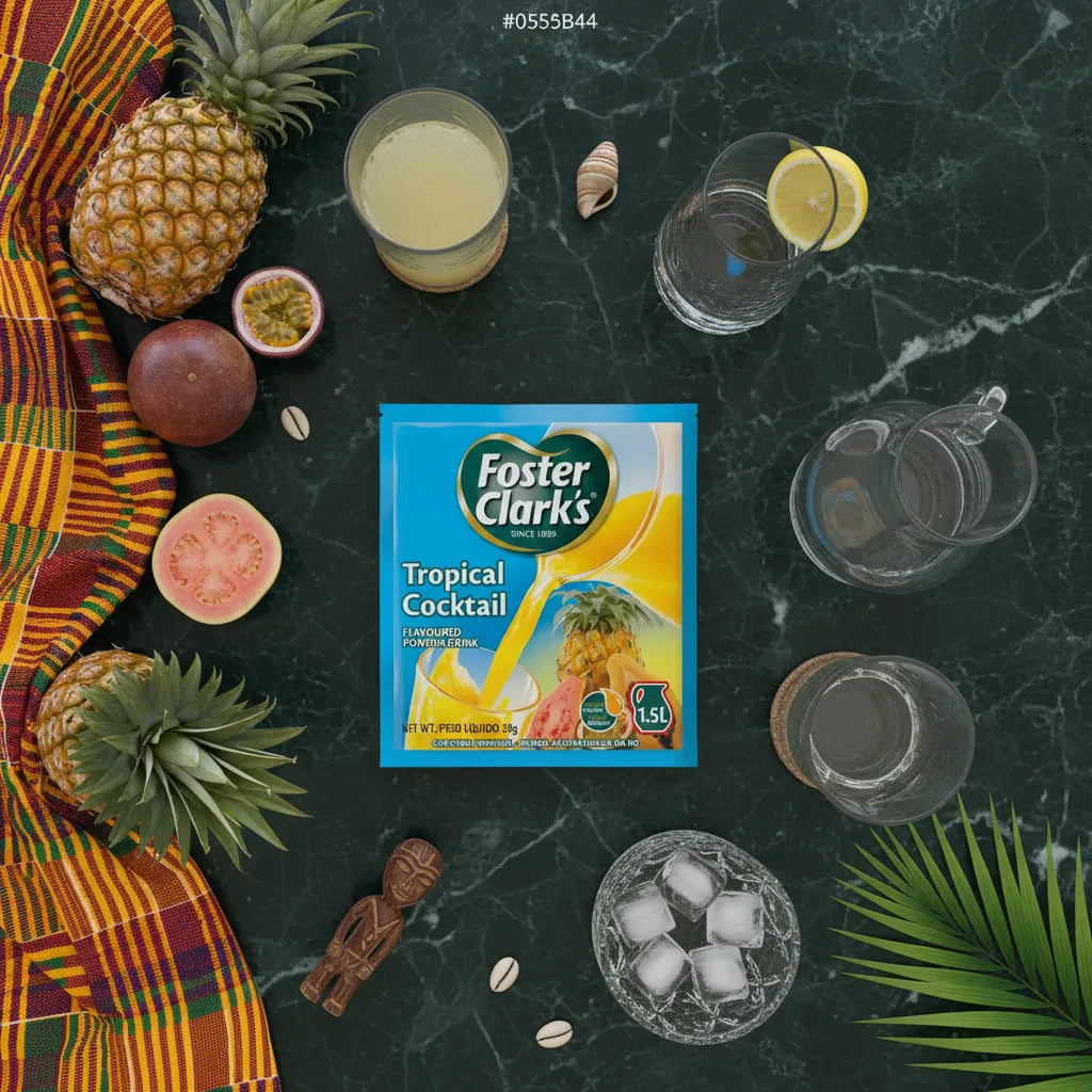 FOSTER CLARKS Jus Poudre Tropical présenté sur une table avec fruits tropicaux et verres, parfait pour une boisson rafraîchissante exotique.