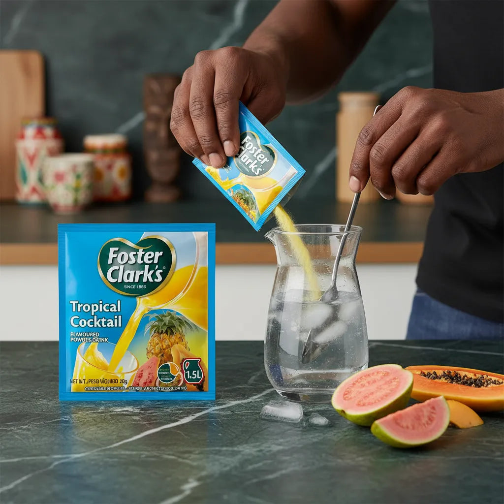 Préparation du FOSTER CLARKS Jus Poudre Tropical dans un verre d’eau, boisson fruitée facile à mélanger pour une hydratation savoureuse.