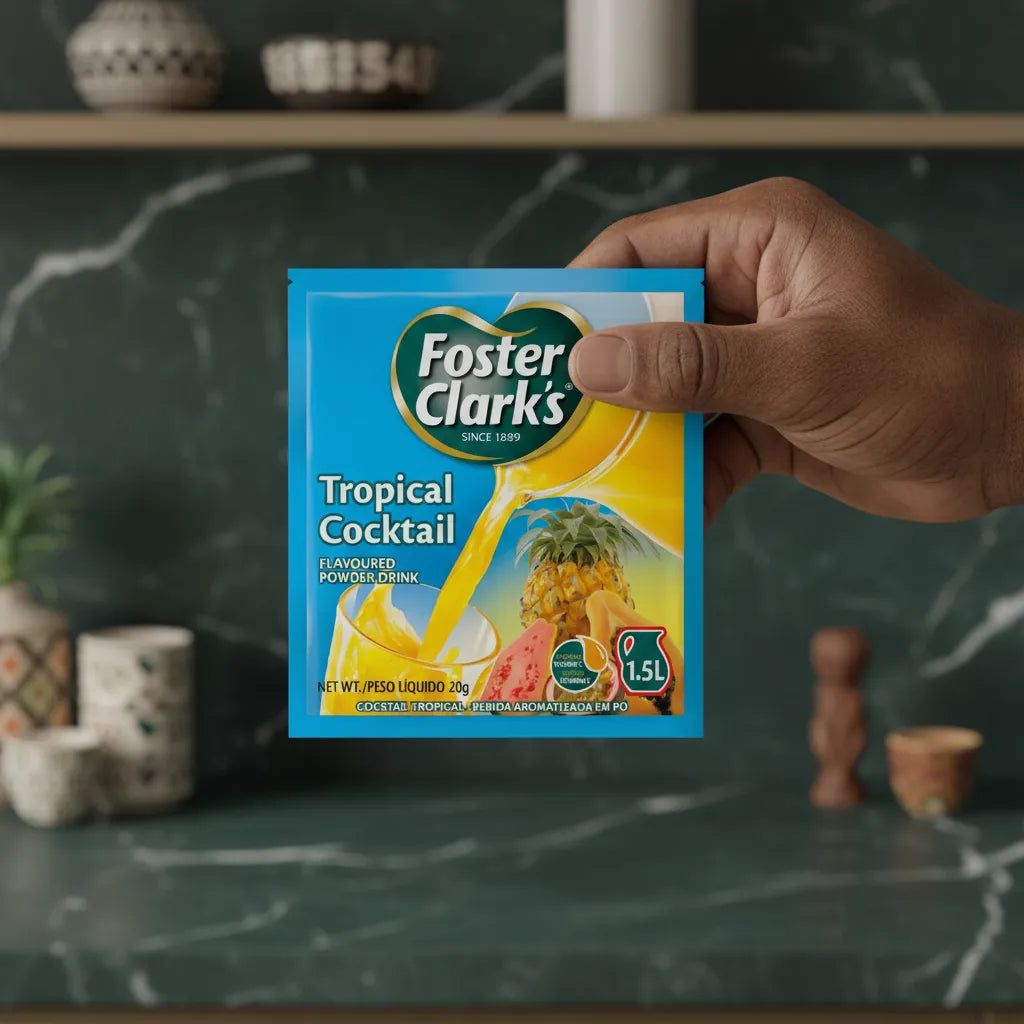 Sachet de FOSTER CLARKS Jus Poudre Tropical tenu à la main, idéal pour boissons fruitées instantanées dans la catégorie des mélanges en poudre.