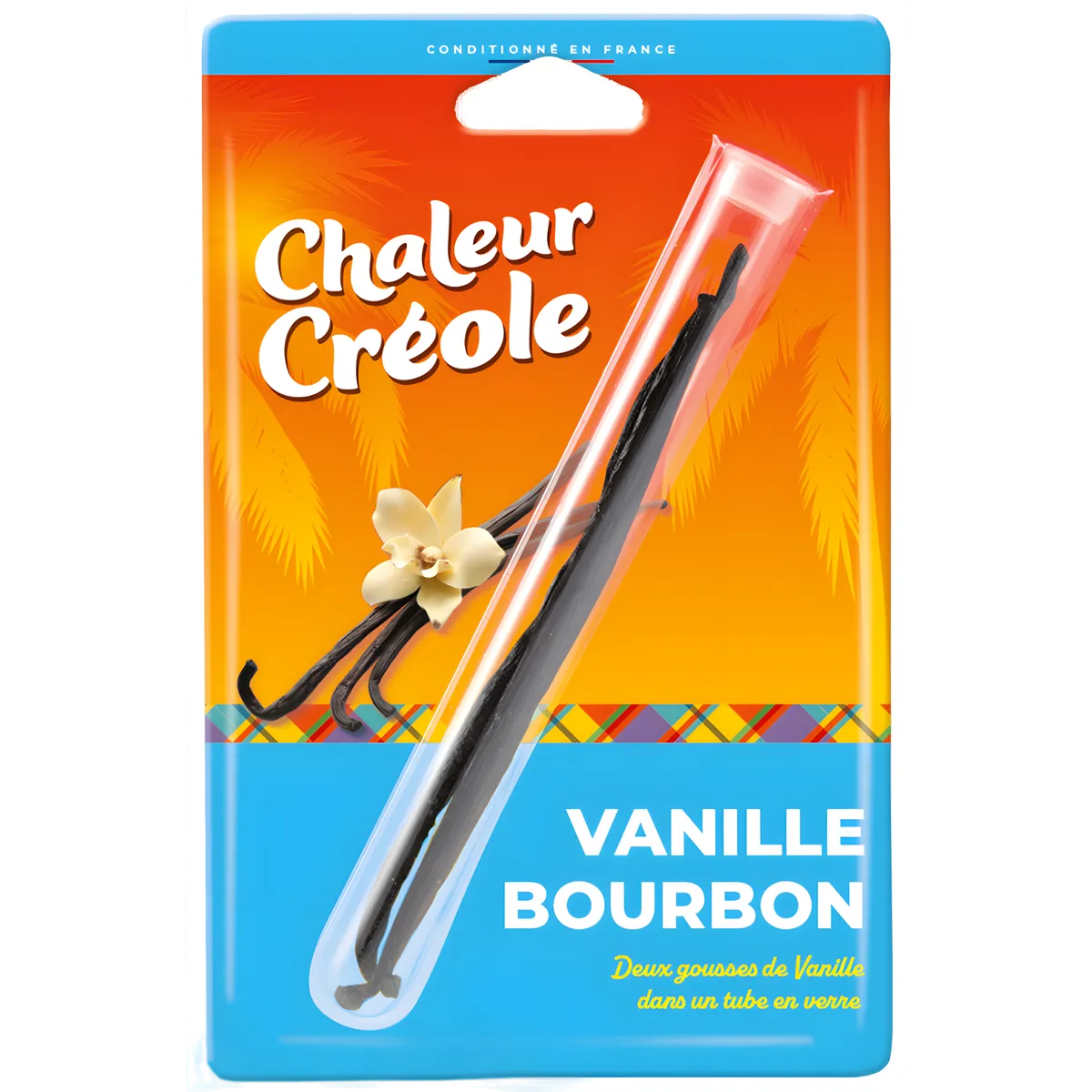 Emballage CHALEUR CREOLE contenant deux gousses Vanille Bourbon dans un tube en verre, idéal pour une conservation optimale des arômes.