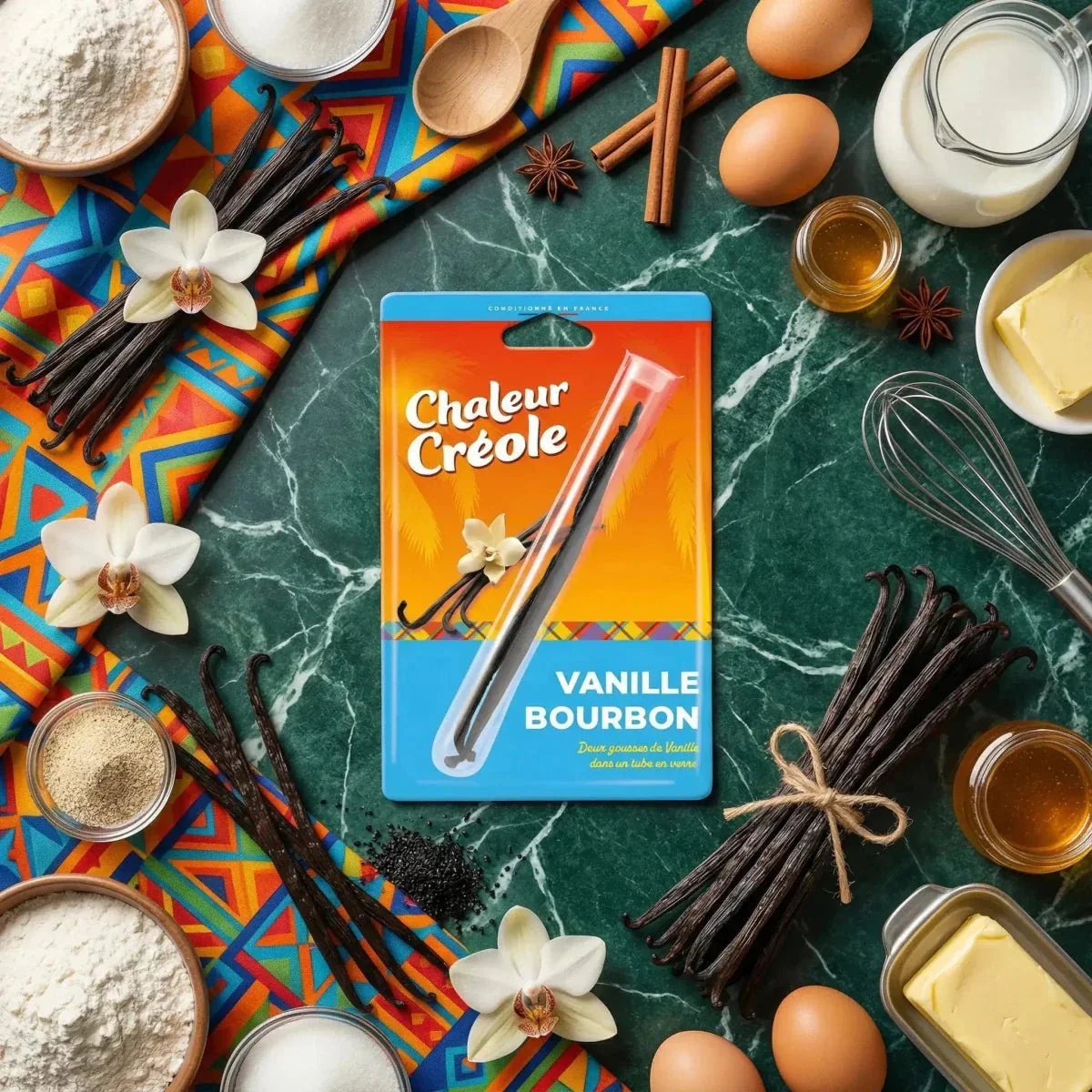 Vainas de vainilla Bourbon de la marca Chaleur Créole, presentadas en un tubo de vidrio.