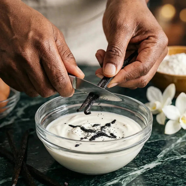 Épices vanille Bourbon de Chaleur Créole, gousses coupées au couteau au-dessus d'un bol de crème.
