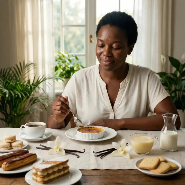Épices vanille Bourbon, de Chaleur Créole, présentées avec des desserts.