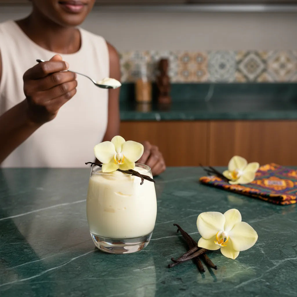 Dessert à la vanille garni de gousses Vanille Bourbon CHALEUR CREOLE et d'une fleur, mettant en valeur leur goût distinctif en cuisine.