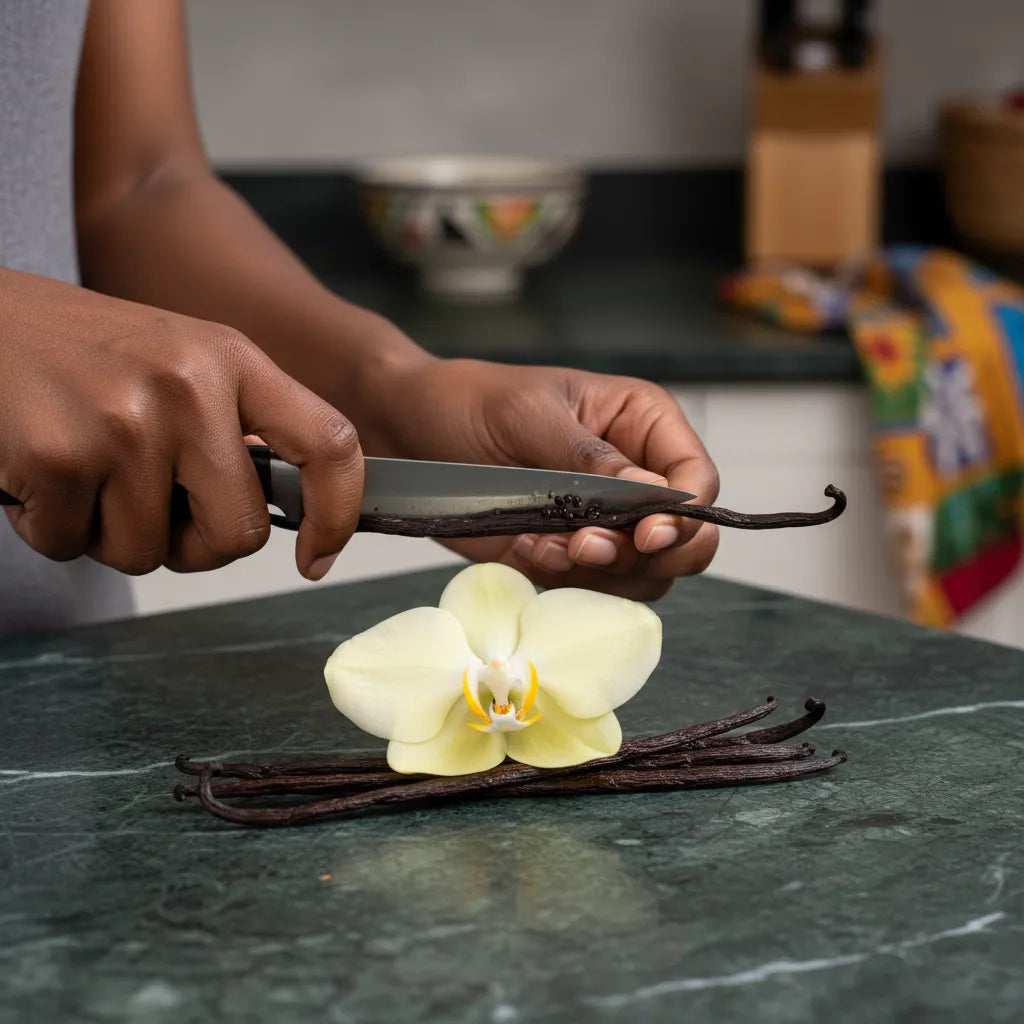 Préparation culinaire avec découpe d'une gousse Vanille Bourbon CHALEUR CREOLE, révélant ses graines noires et son arôme intense.