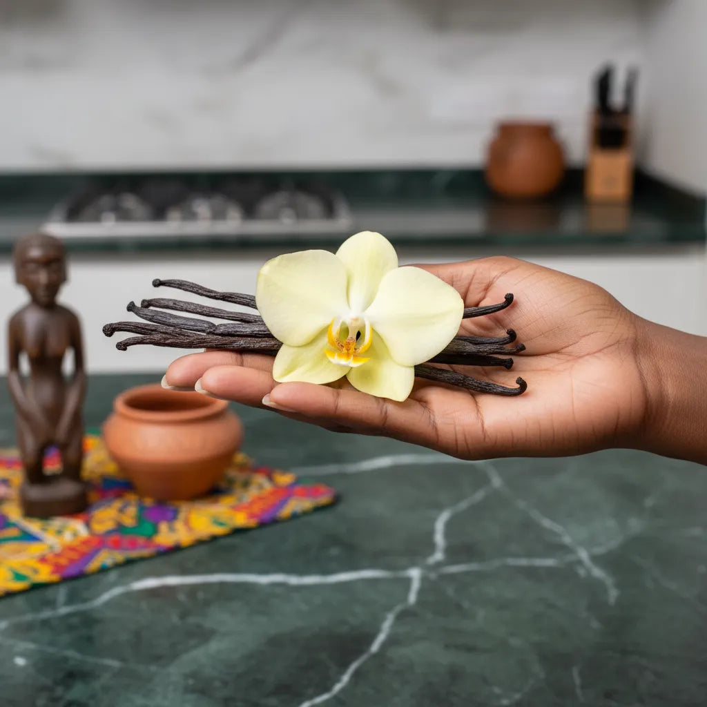 Main tenant plusieurs gousses Vanille Bourbon CHALEUR CREOLE avec une fleur de vanille, soulignant leur fraîcheur et qualité premium.