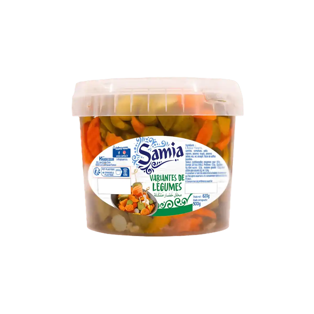 Variantes de légumes SAMIA en bocal de 820g, mélange coloré de légumes marinés idéal pour plats cuisinés ou salades.