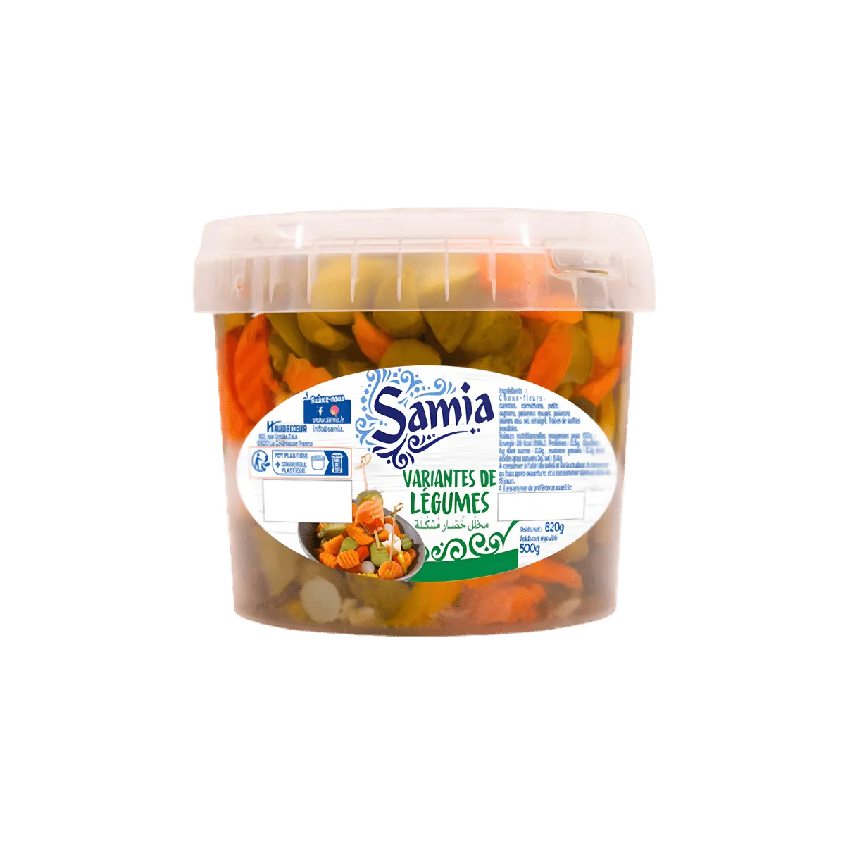 Variantes de légumes SAMIA en pot plastique de 800g, mélange coloré de légumes marinés pour épicerie salée, idéal pour plats variés - NKOSI.