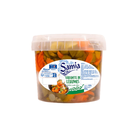 Variantes de légumes SAMIA en pot plastique de 800g, mélange coloré de légumes marinés pour épicerie salée, idéal pour plats variés - NKOSI.