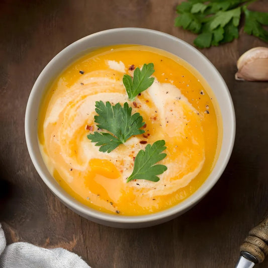 Bol de velouté giraumon carotte coco crémeux, garni de persil, illustrant la texture onctueuse de la soupe SOUPE PEY, épicerie salée.