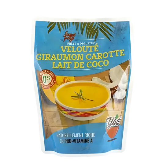Velouté de giraumon carotte lait de coco SOUPE PEY en sachet, prêt à déguster, épicerie salée, goût équilibré et riche en pro-vitamine A.