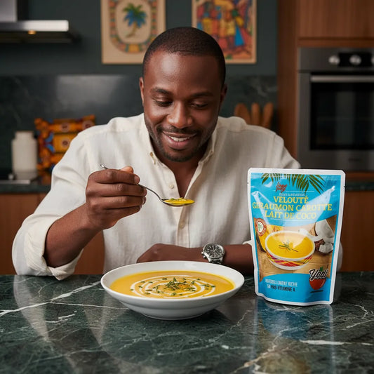 Homme dégustant un bol de velouté giraumon carotte coco SOUPE PEY, soupe crémeuse et savoureuse, parfaite pour un repas sain et gourmand.