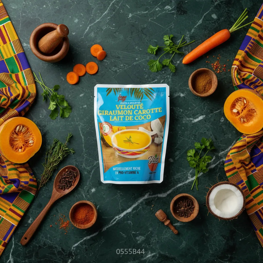 Sachet de velouté giraumon carotte coco SOUPE PEY entouré d’ingrédients frais comme carottes, coco, épices, dans un décor culinaire tropical.