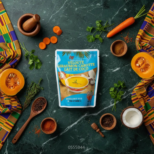 Sachet de velouté giraumon carotte coco SOUPE PEY entouré d’ingrédients frais comme carottes, coco, épices, dans un décor culinaire tropical.