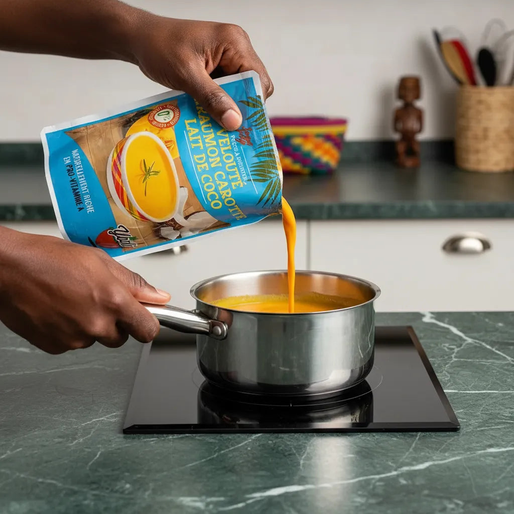 Préparation du velouté de giraumon carotte coco SOUPE PEY versé dans une casserole, soupe onctueuse idéale pour repas rapide et équilibré.