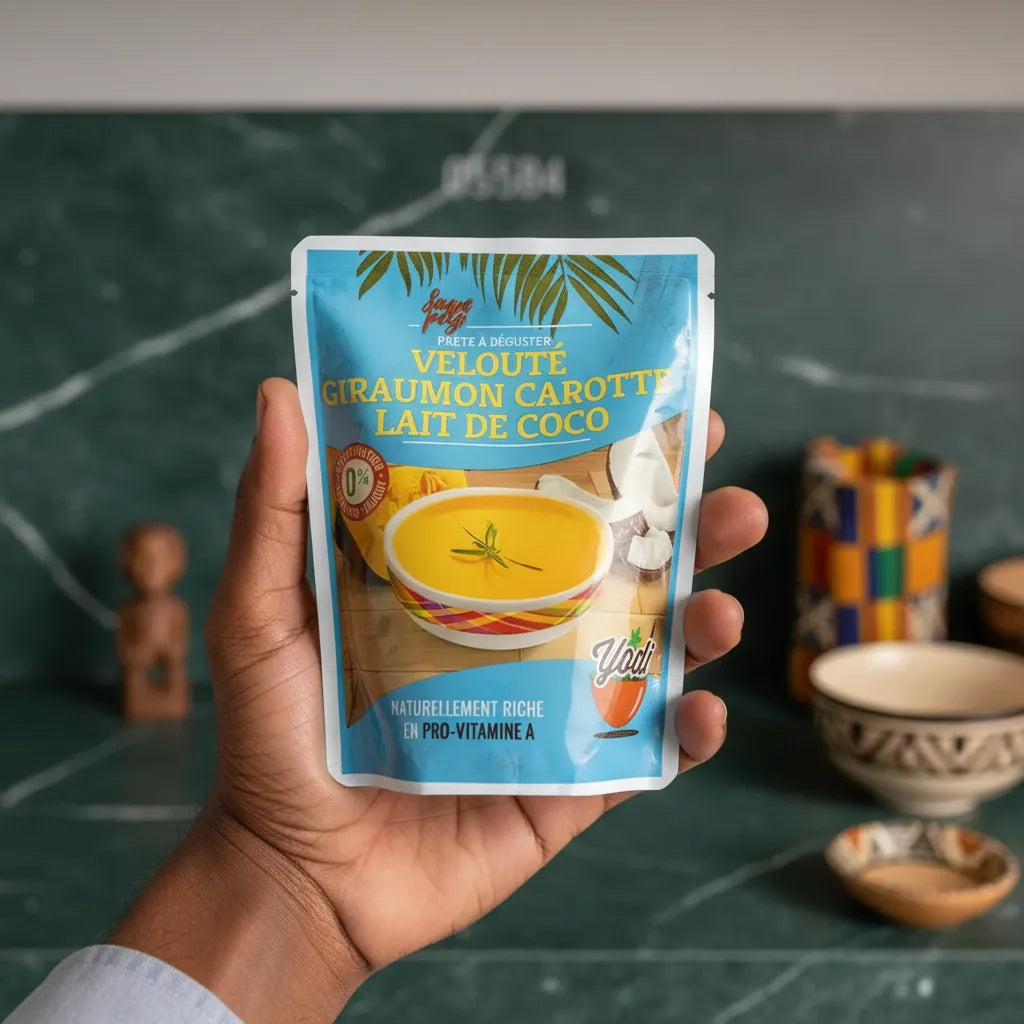 Sachet de velouté giraumon carotte coco SOUPE PEY tenu en main, produit d’épicerie salée pratique et riche en goût, prêt à consommer.