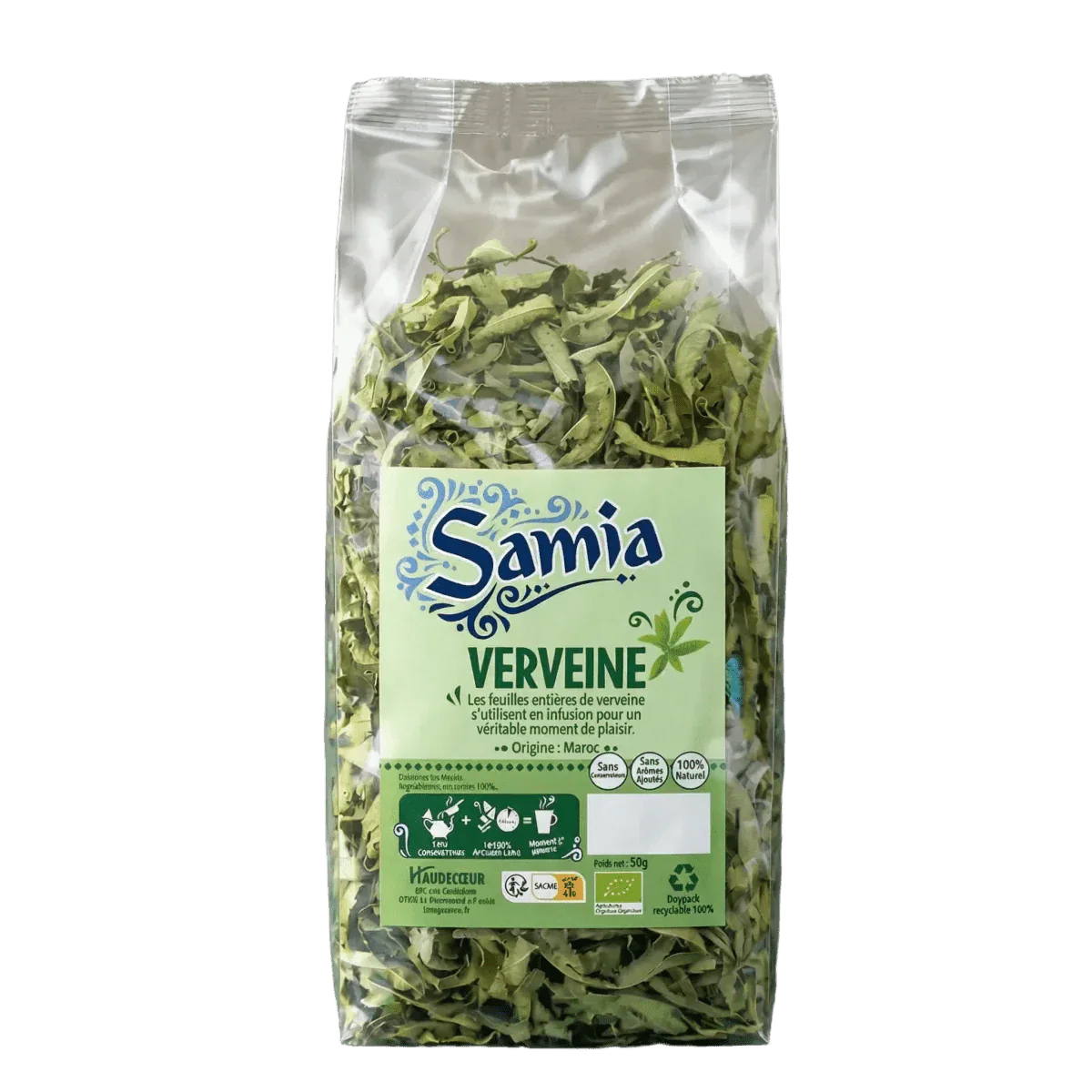 Pakje Samia citroenverbena, hele gedroogde bladeren zichtbaar door de transparante verpakking.