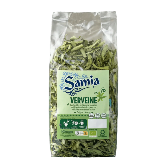 Pakje Samia citroenverbena, hele gedroogde bladeren zichtbaar door de transparante verpakking.