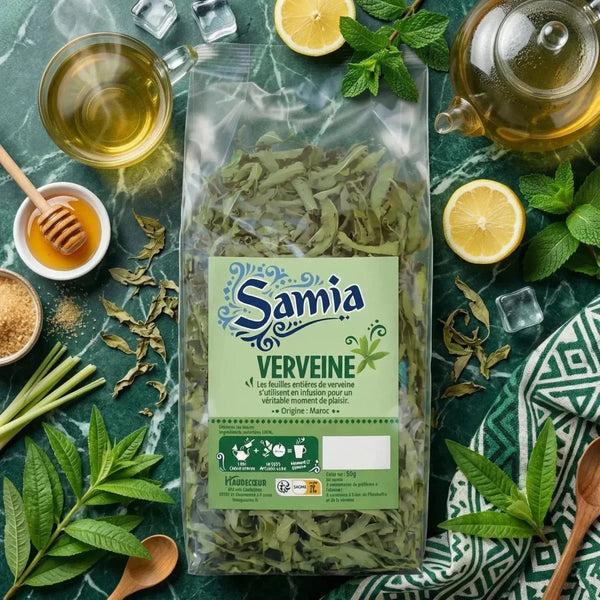 Verveine Samia : sachet de feuilles, théière, tasse, citron, miel, menthe.