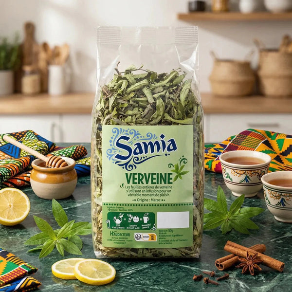 Verveine en feuilles entières par Samia, dans son emballage transparent.
