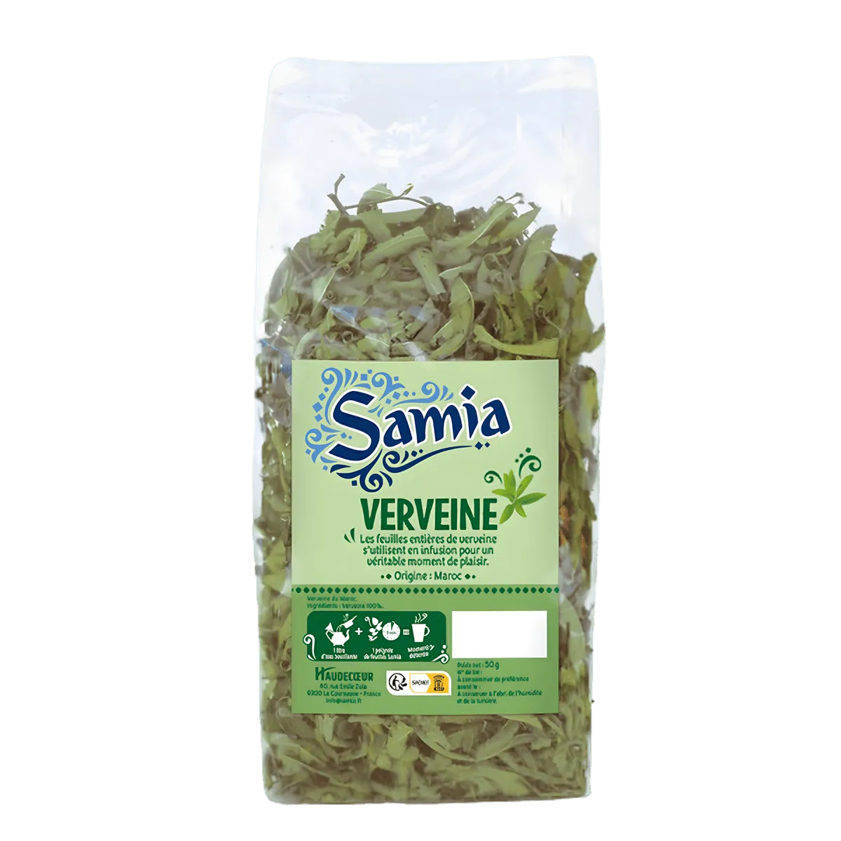 Verveine SAMIA en sachet 80g, infusion naturelle aux feuilles entières, idéale pour une boisson apaisante. THÉ, INFUSIONS, CAFÉ - NKOSI.