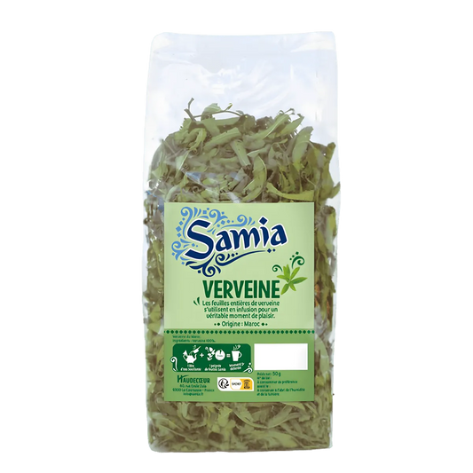 Verveine SAMIA en sachet 80g, infusion naturelle aux feuilles entières, idéale pour une boisson apaisante. THÉ, INFUSIONS, CAFÉ - NKOSI.