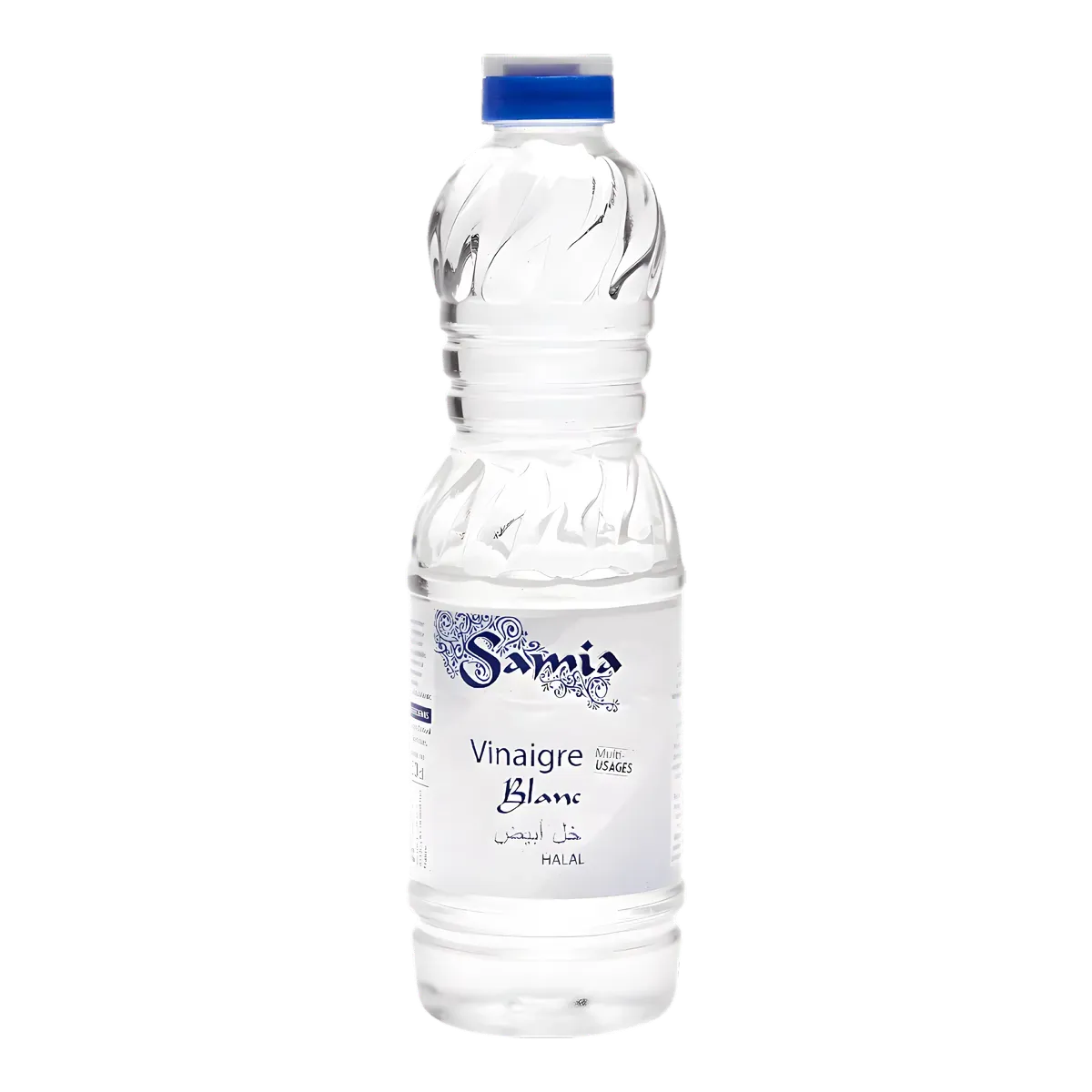 Bouteille de vinaigre blanc halal SAMIA 1L, ingrédient essentiel pour la cuisine et l’entretien, étiquette bleue sur fond transparent.