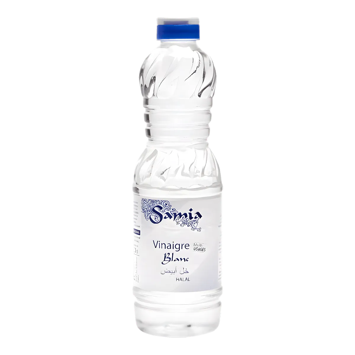 Bouteille de vinaigre blanc halal SAMIA, condiment essentiel pour la cuisine, idéale pour assaisonner salades et plats cuisinés.