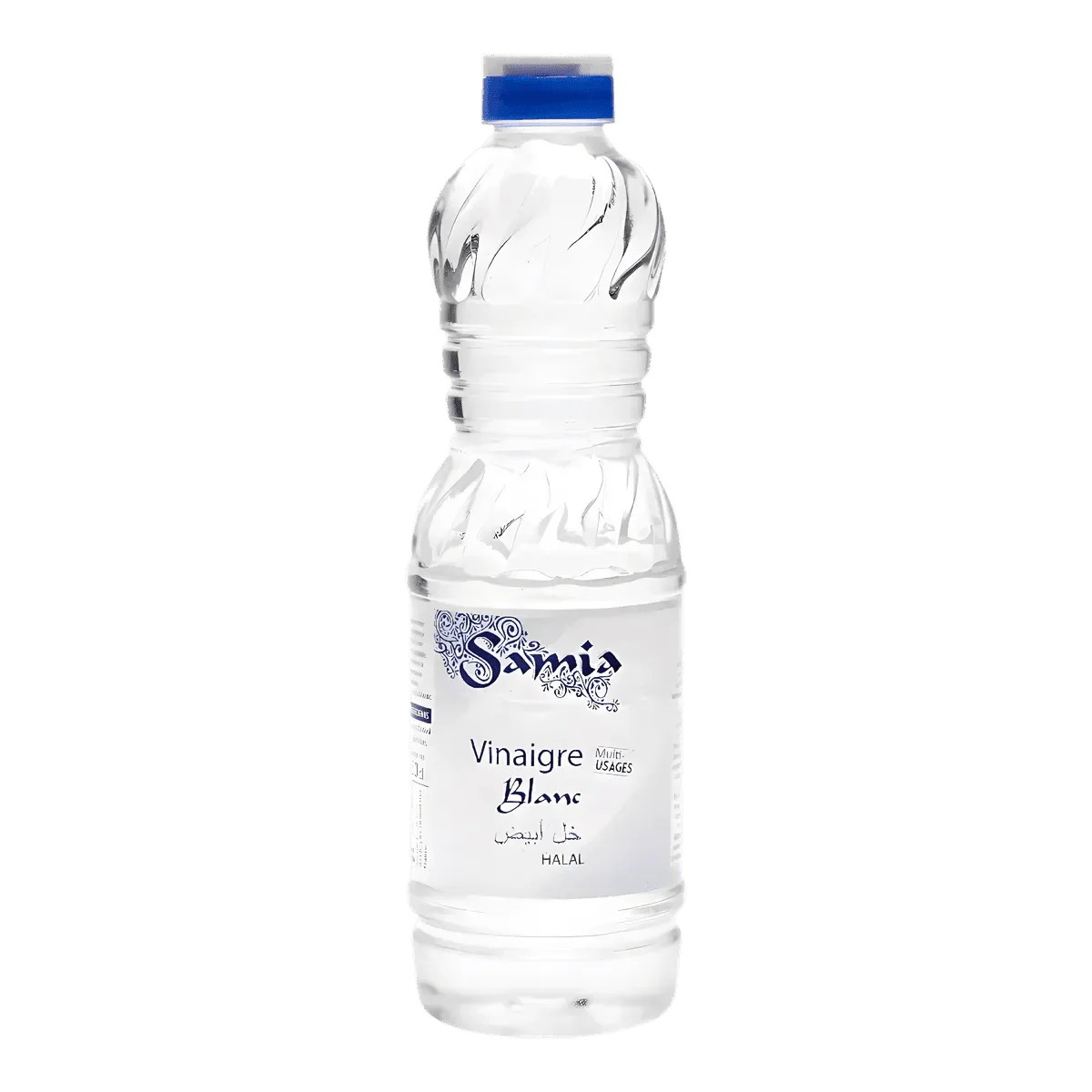 Halal witte azijn fles SAMIA, 500mL, op effen achtergrond.