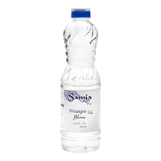 Halal witte azijn fles SAMIA, 500mL, op effen achtergrond.