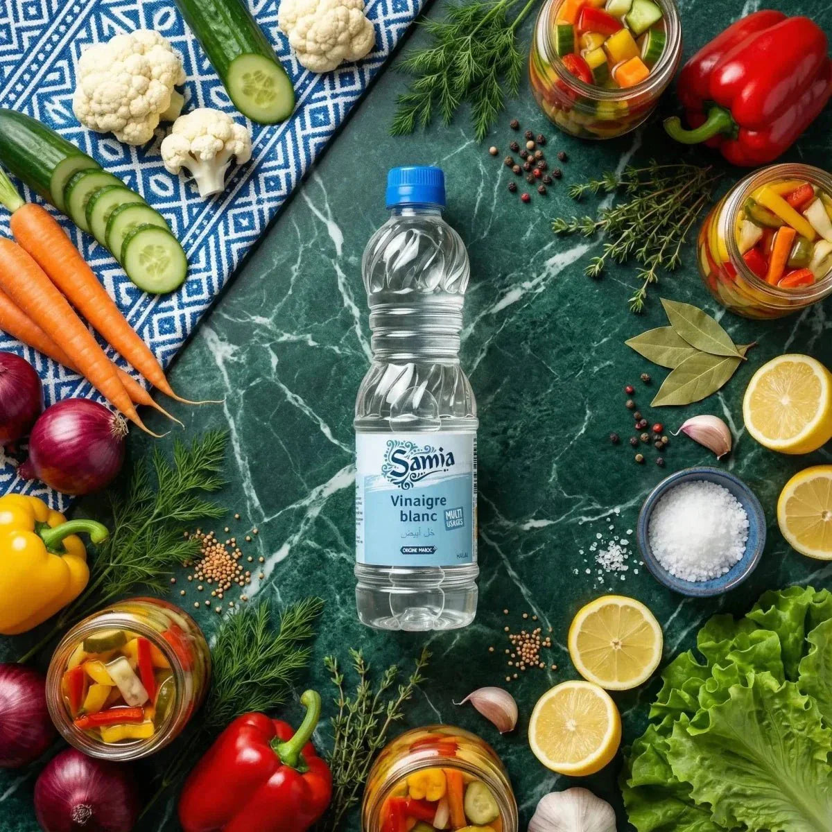 Aceto bianco halal SAMIA (500mL) circondato da verdure fresche e erbe aromatiche.