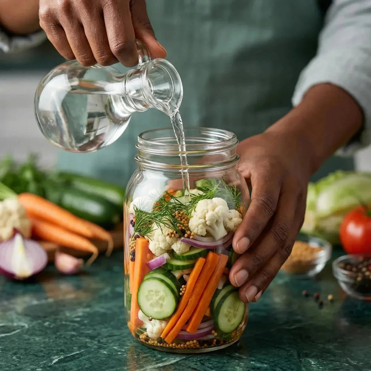 SAMIA Aceto bianco halal: barattolo di verdure in preparazione, liquido versato.