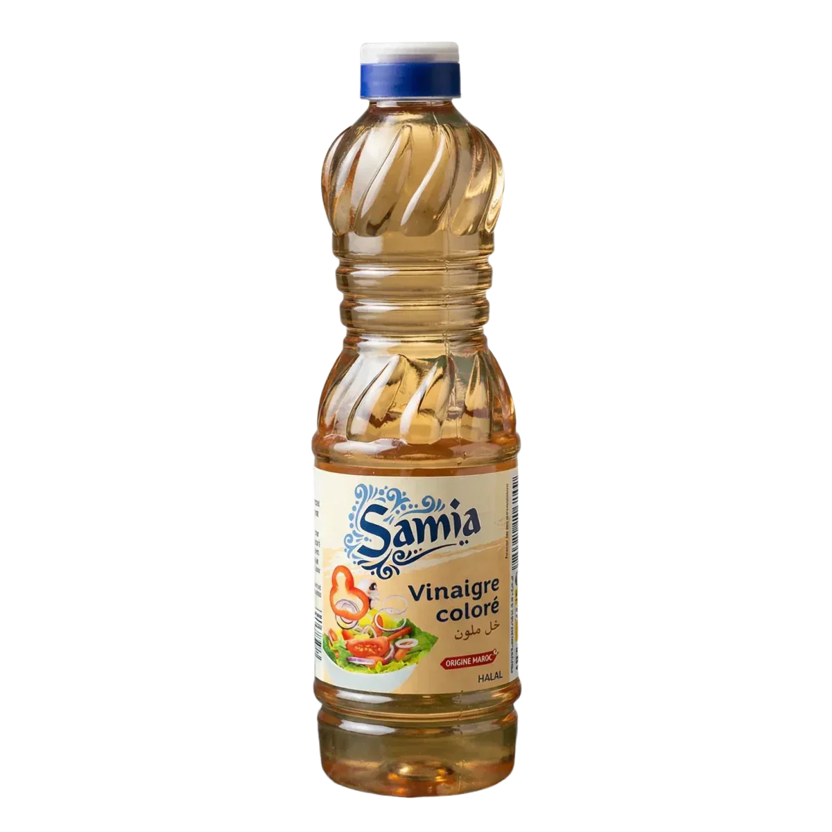 Halal gekleurde azijn SAMIA in een plastic fles van 500 mL met groenten op het etiket.