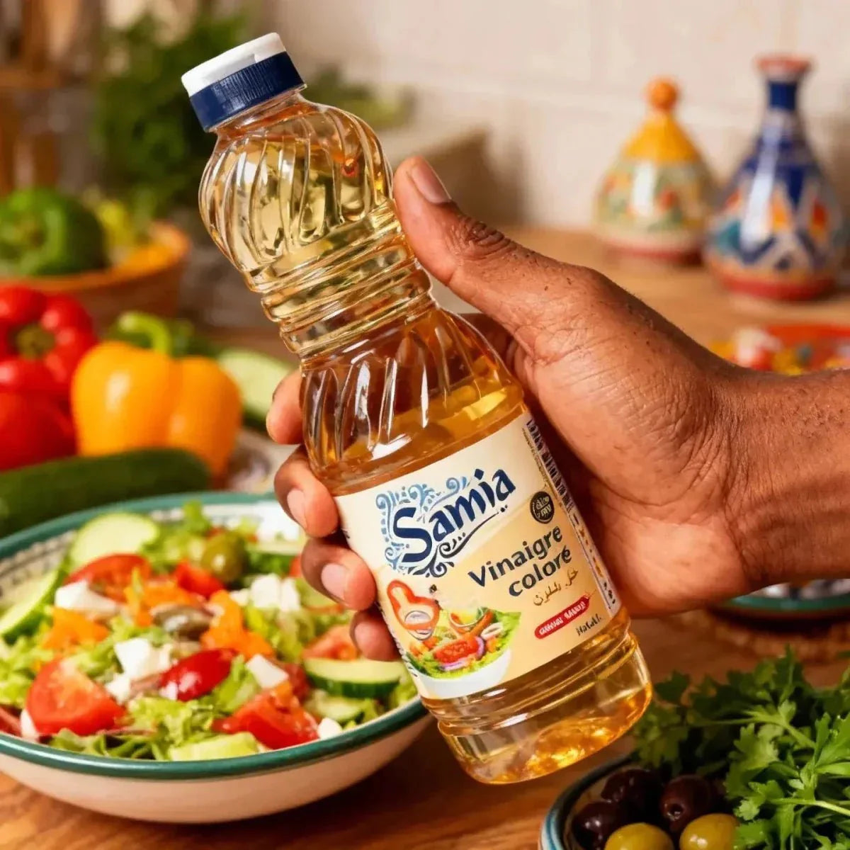 Halal colored vinegar SAMIA 500mL held in hand, near a fresh salad and olives.