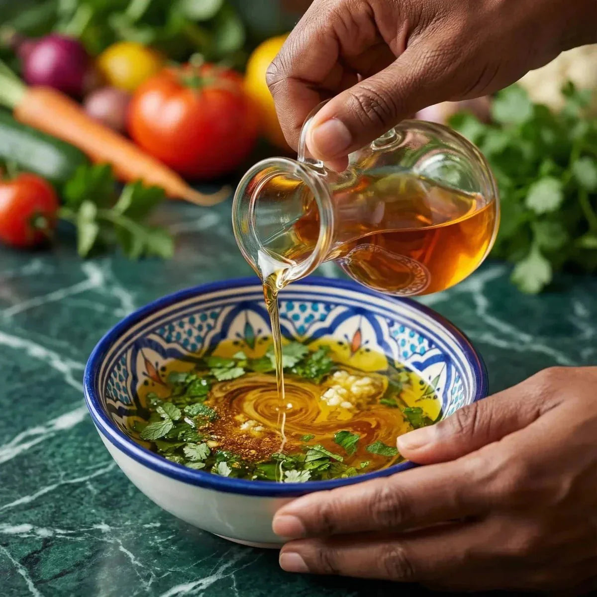 SAMIA oil poured into a bowl of herbs and garlic. Colored halal SAMIA vinegar, 500mL.