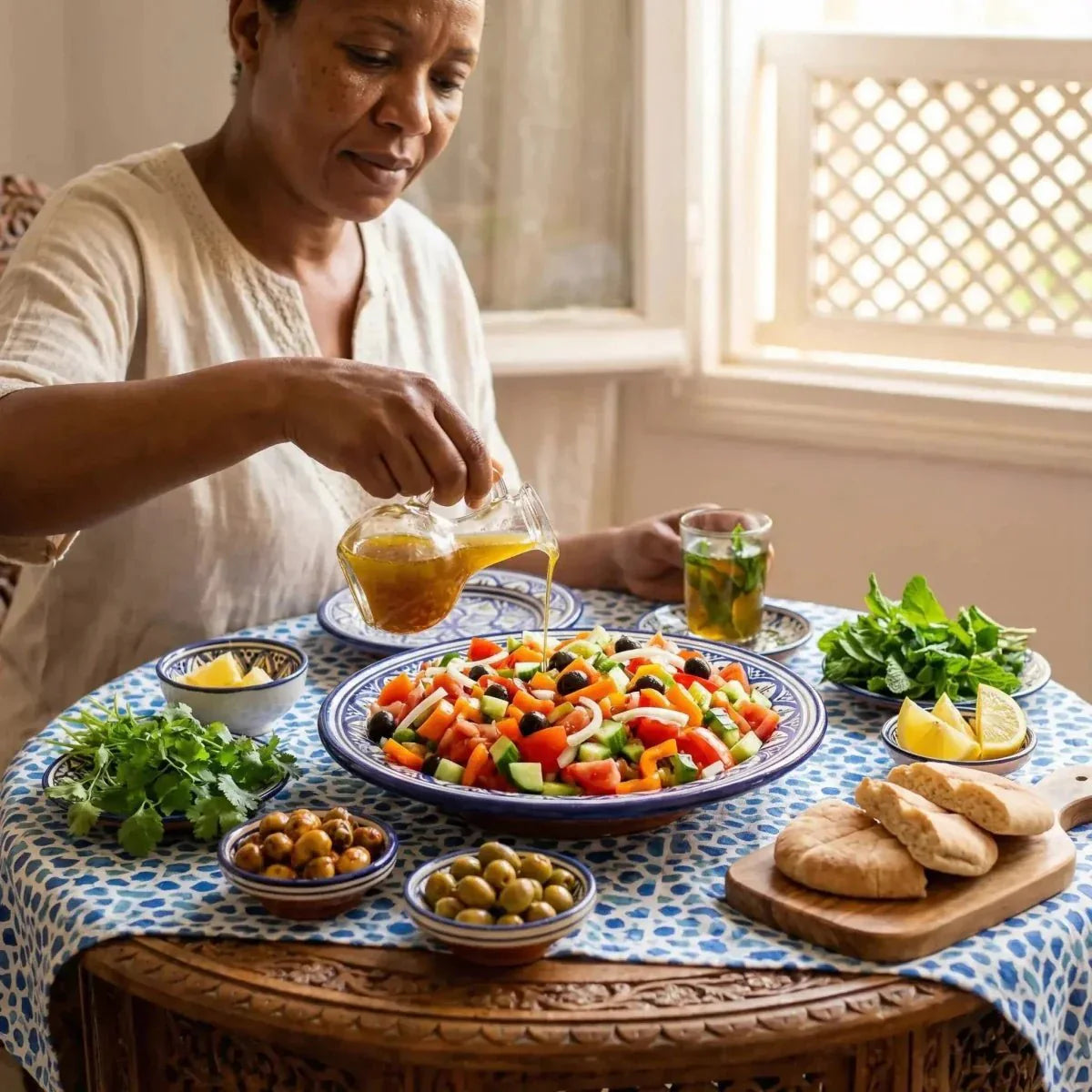 SAMIA Colored halal vinegar. Woman pouring SAMIA vinaigrette over a mixed salad, table set.