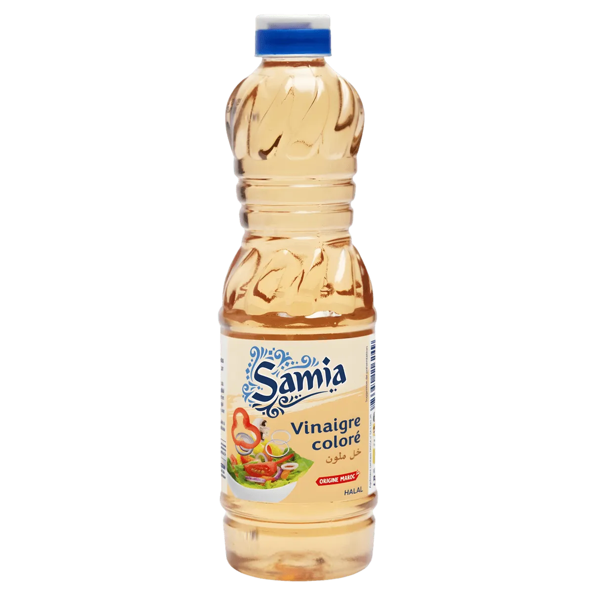 Bouteille de vinaigre coloré halal SAMIA 750ml, idéale pour assaisonner salades et marinades. Produit d'épicerie salée disponible chez NKOSI.