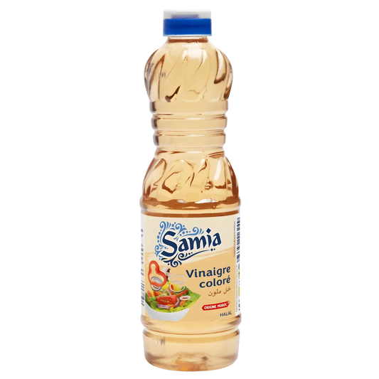 Bouteille de vinaigre coloré halal SAMIA 750ml, idéale pour assaisonner salades et marinades. Produit d'épicerie salée disponible chez NKOSI.