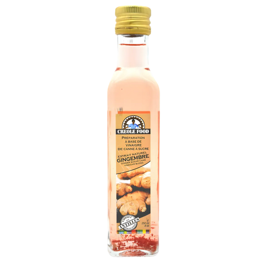 Bouteille de vinaigre de canne au gingembre CREOLE FOOD, idéale pour assaisonner plats créoles, marinades et vinaigrettes exotiques.