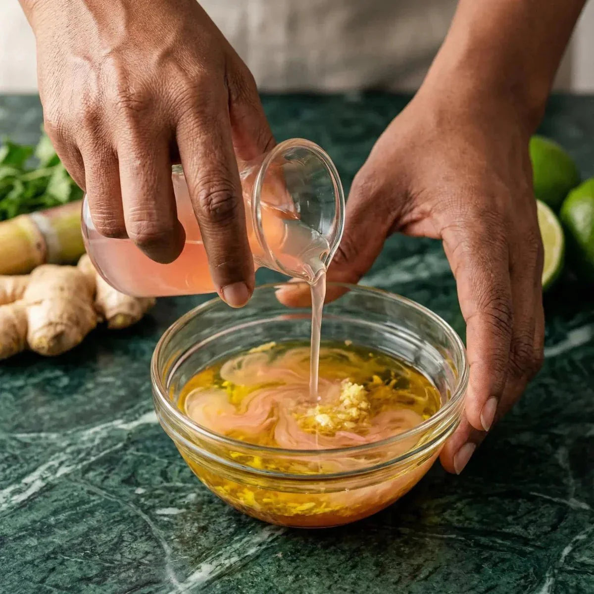 Vinaigre de canne au gingembre CREOLE FOOD versé dans un bol. Mains manipulant les ingrédients.