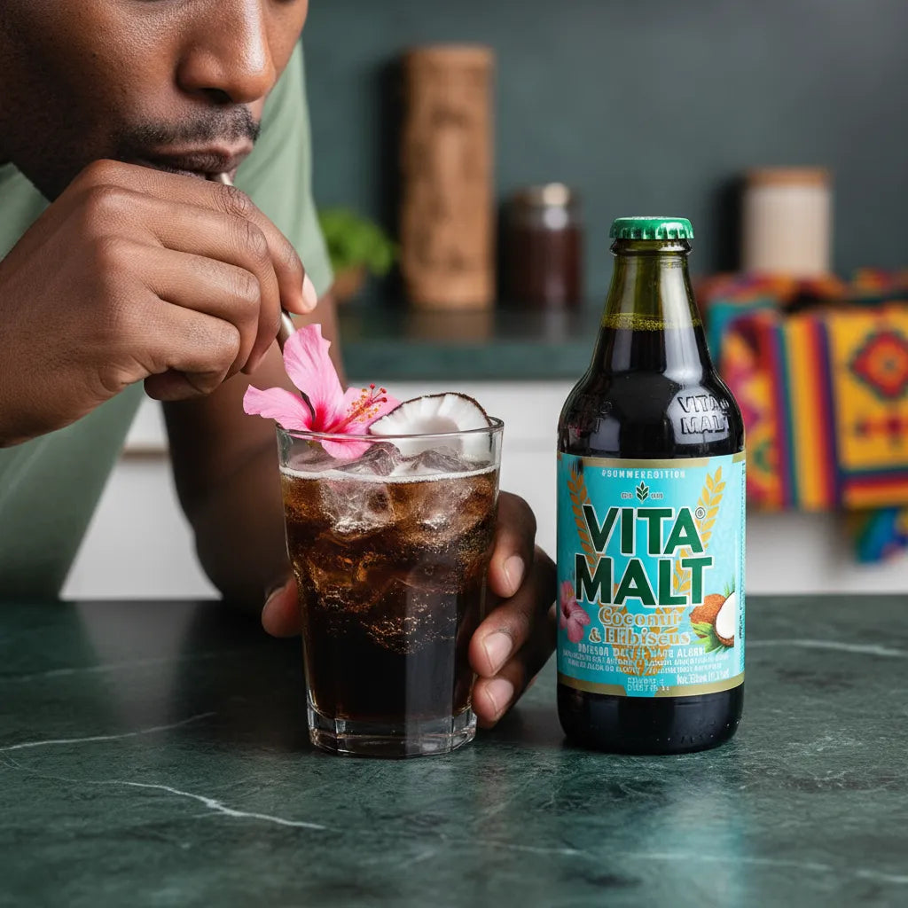 Homme dégustant la boisson VITA MALT Coco Hibiscus avec glaçons et fleur, boisson sans alcool au goût tropical unique.