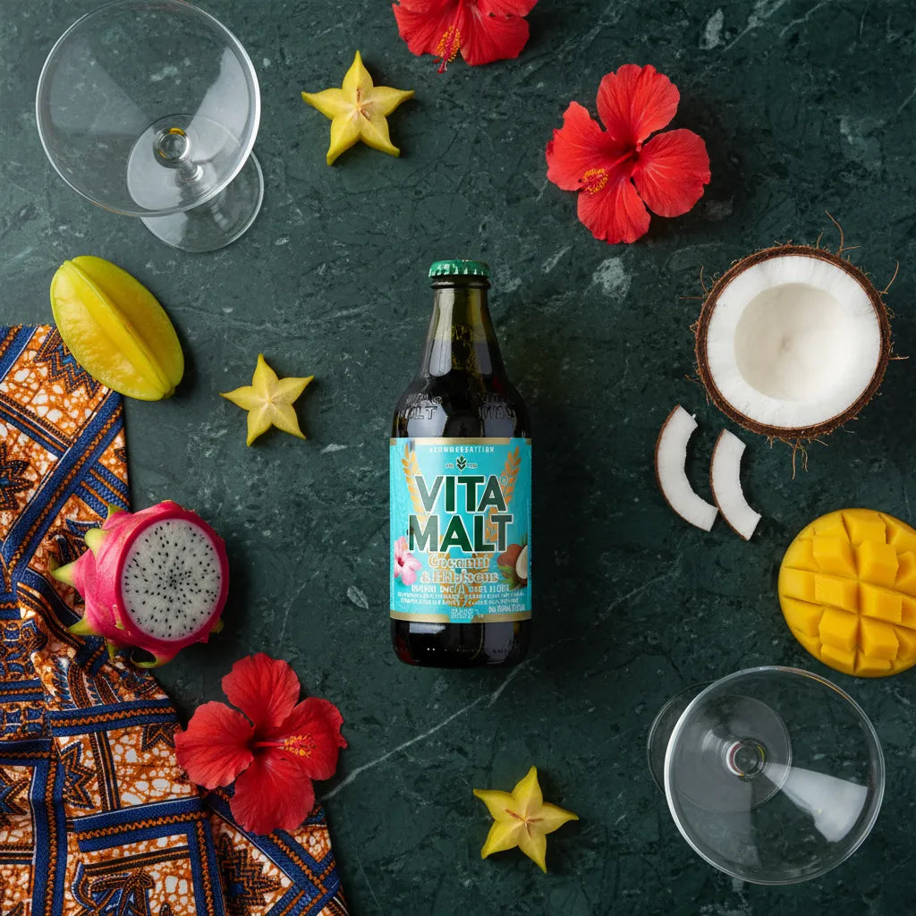 Boisson VITA MALT Coconut & Hibiscus entourée de fruits exotiques et fleurs d’hibiscus, mise en scène estivale rafraîchissante.