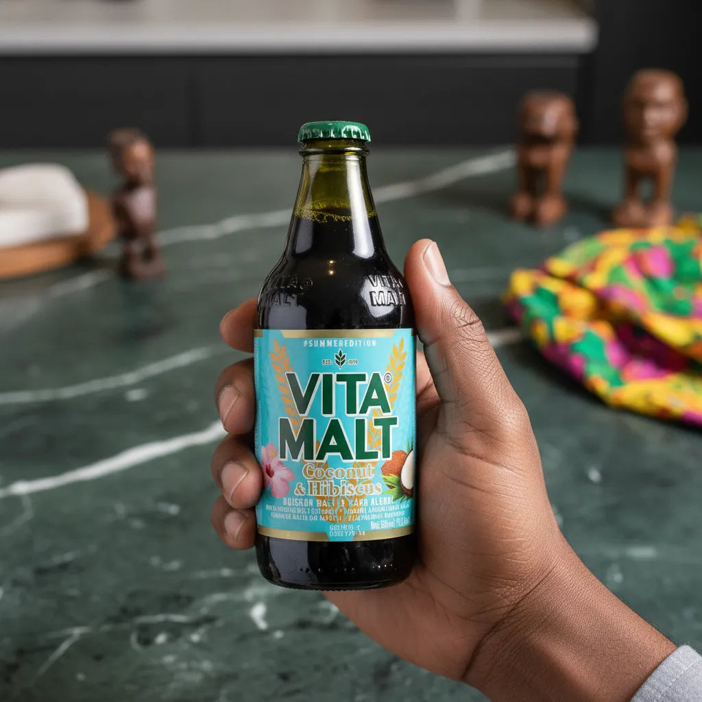 Main tenant une bouteille de VITA MALT Coconut & Hibiscus, boisson maltée sans alcool, idéale pour une pause exotique.