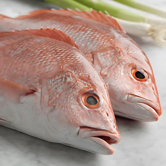 Deux vivaneaux frais posés sur un plan de travail, parfaits pour recettes de poisson grillé ou poché. Texture ferme et goût raffiné.