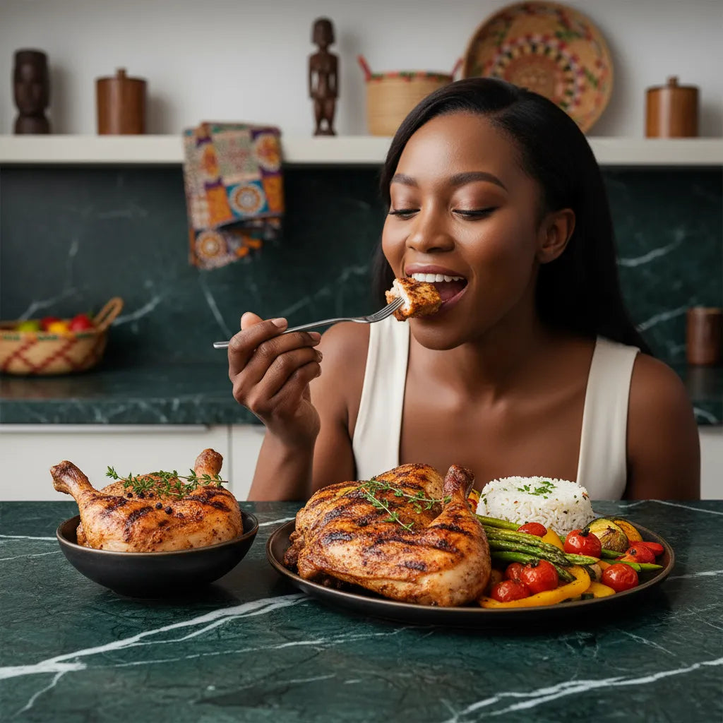 Femme dégustant un plat cuisiné à base de découpe de coq halal grillé avec légumes. Recette savoureuse à base de volaille halal tendre.