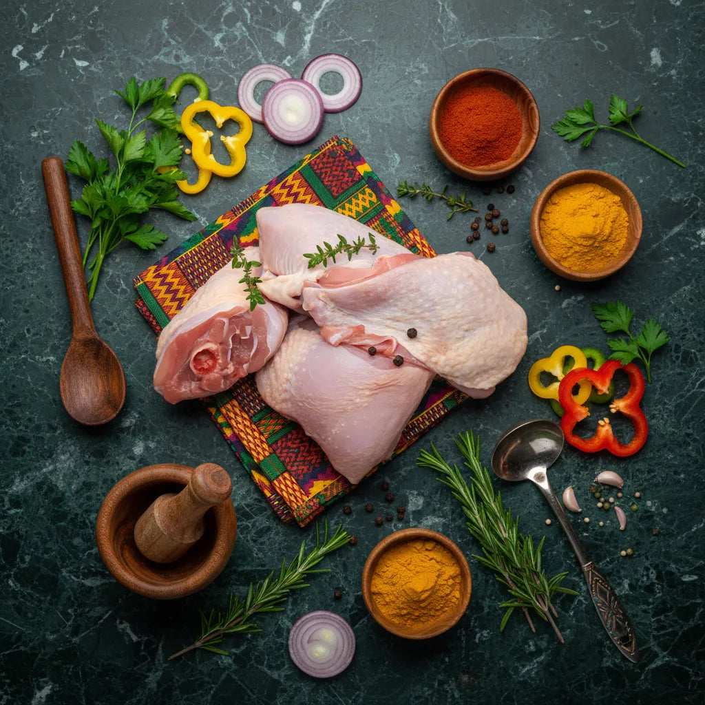 Morceaux de découpe de coq halal présentés avec épices et herbes sur fond de cuisine africaine. Parfait pour plats traditionnels savoureux.