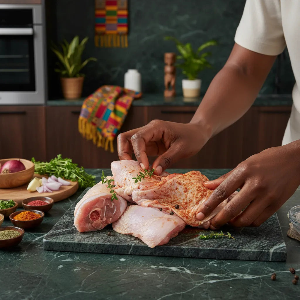 Préparation de découpe de coq halal avec épices sur planche de cuisine. Viande de volaille halal prête à cuisiner pour recettes maison.