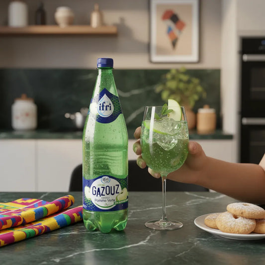 Verre de Soda Pomme Verte IFRI GAZOUZ servi avec glace et pomme, boisson gazeuse fruitée idéale pour un moment rafraîchissant à la maison.