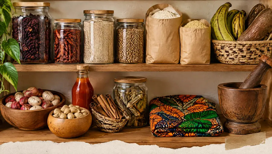 Étagère de garde‑manger : bocaux d’hibiscus, de piments et de céréales, sacs de farine, bananes plantains et ignames, noix de kola, arachides, cannelle, gombo séché, pagne wax et mortier en bois